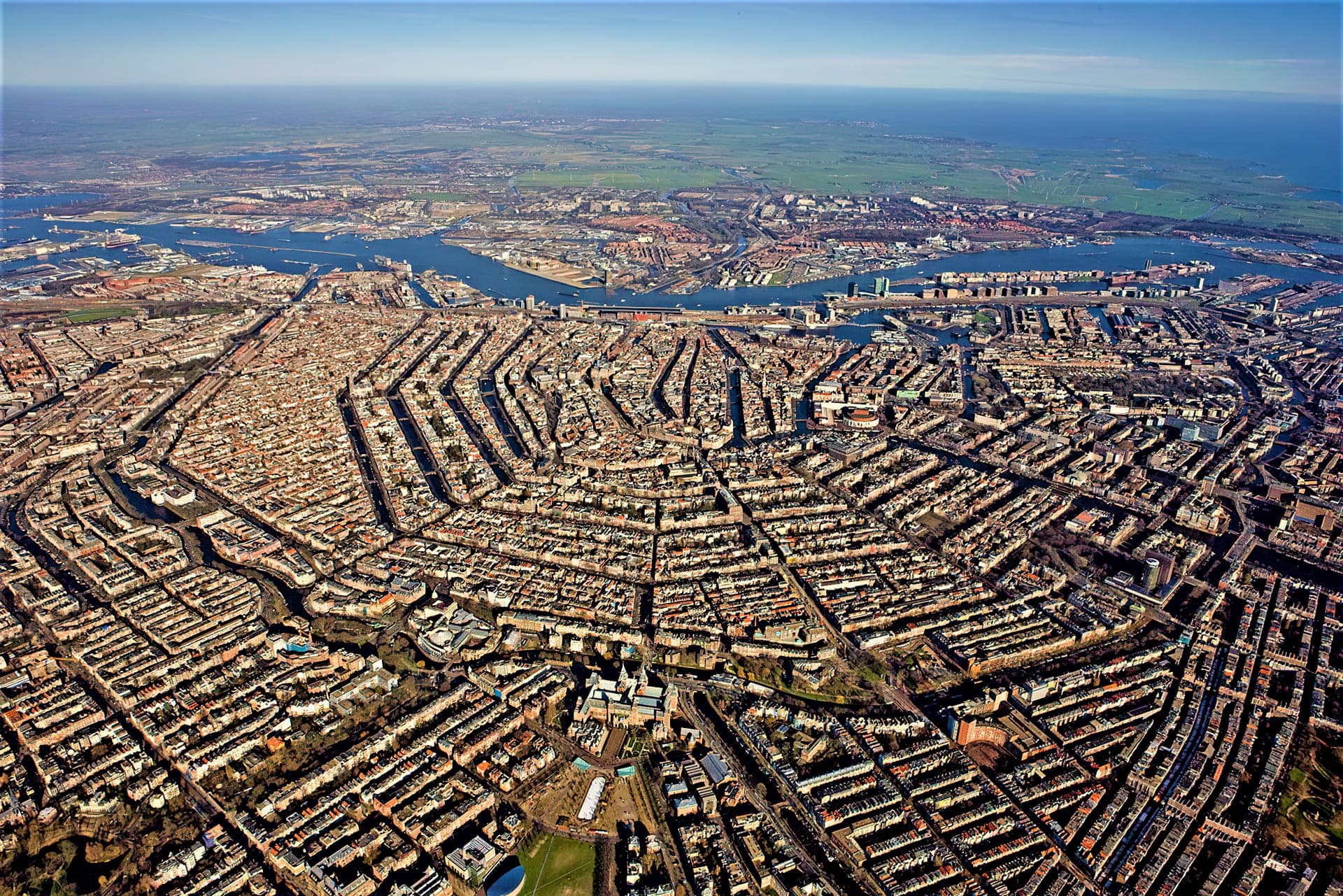 Aerial view of Amsterdam's concentric canal ring